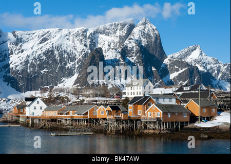 Traditional wooden Rorbu fishermen`s huts in village of Sakrisoy on Moskenesoya Island in Lofoten Islands in Norway